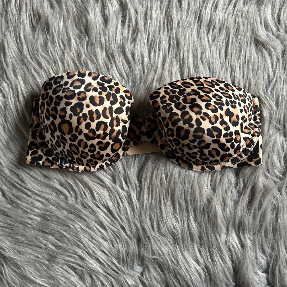 Victoria's Secret Strapless Lightly Lined Bra Womens Size 32D Brown Leopard